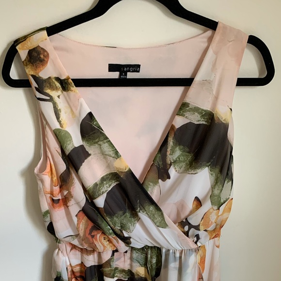 SANGRIA V-NECK CHIFFON FLORAL MAXI SLEEVELESS DRESS HI LOW - Picture 9 of 15